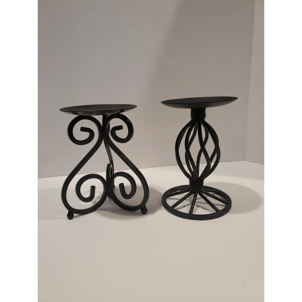 Set of 2 Black Metal Candle Holders Pedestal & Scroll Decorative Stands